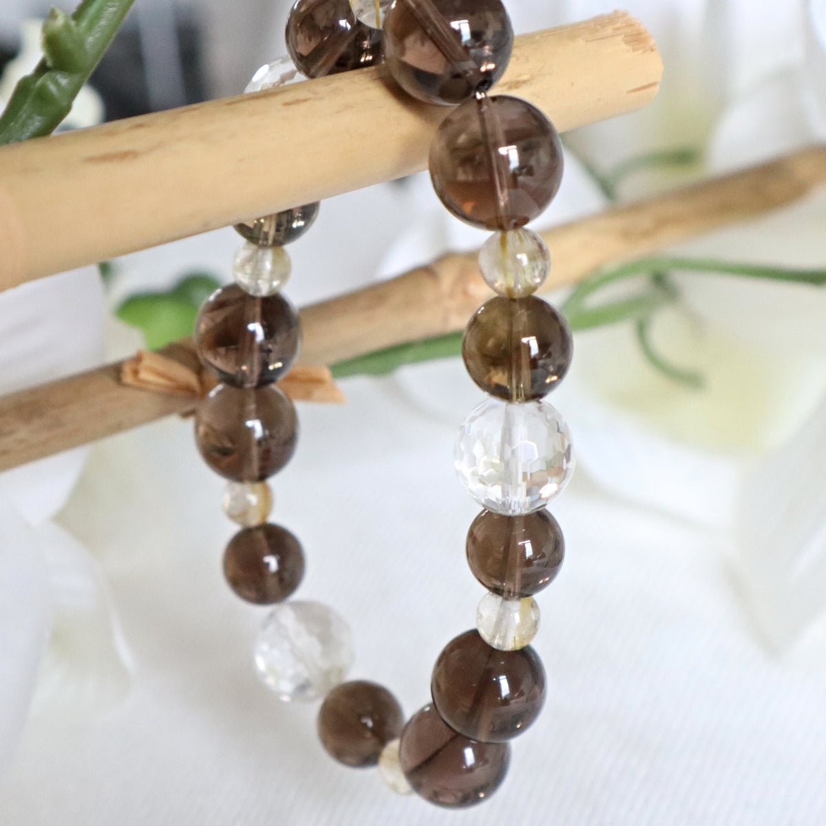 Smoky Quartz Bracelet with Micro-Faceted Clear Quartz Crystal in Super High Grade