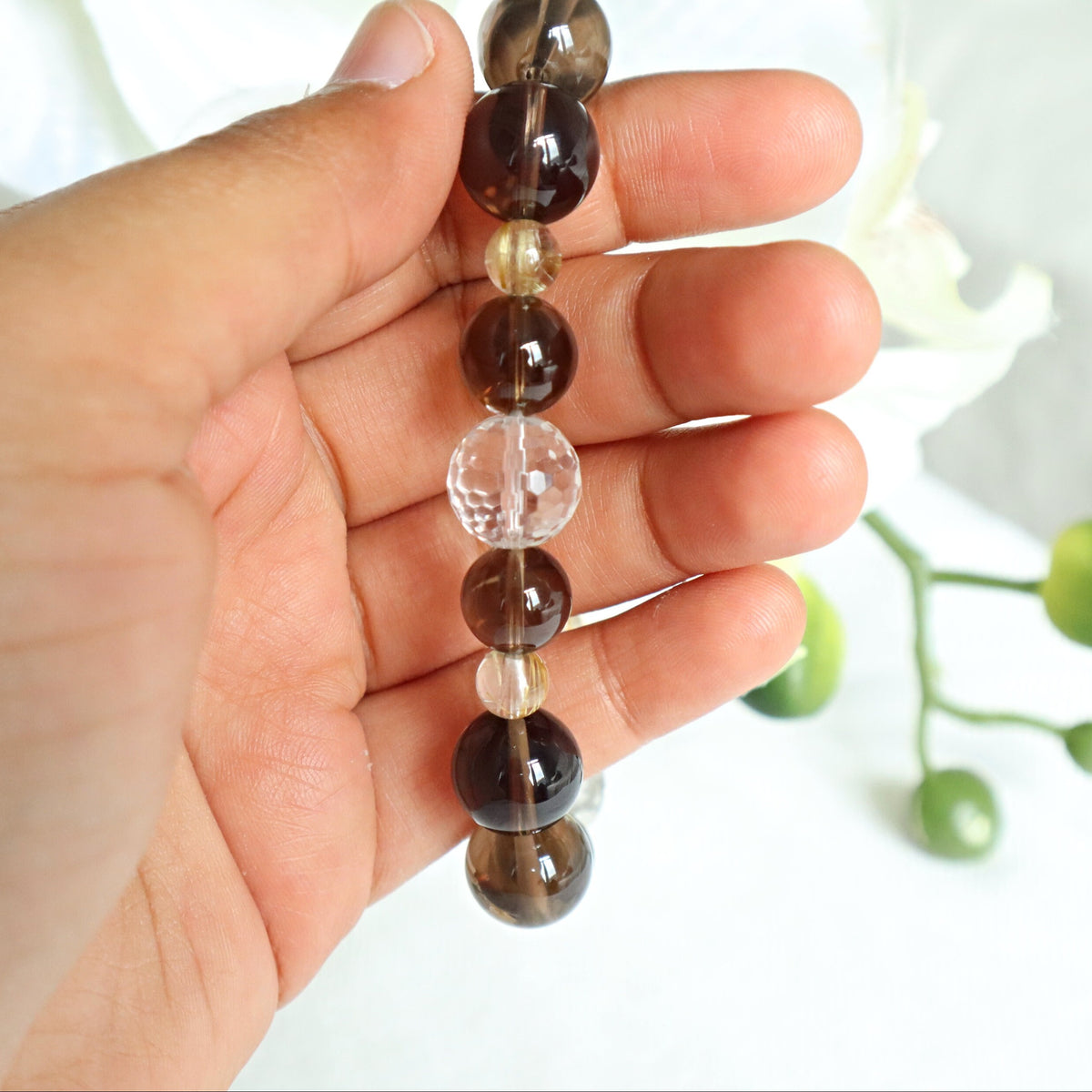 Smoky Quartz Bracelet with Micro-Faceted Clear Quartz Crystal in Super High Grade