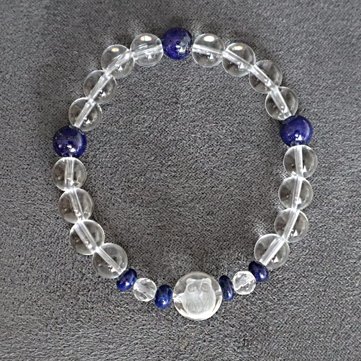 Owl Bracelet Hand Carved Clear Quartz with Lapis