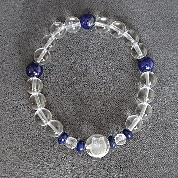 Owl Bracelet Hand Carved Clear Quartz with Lapis