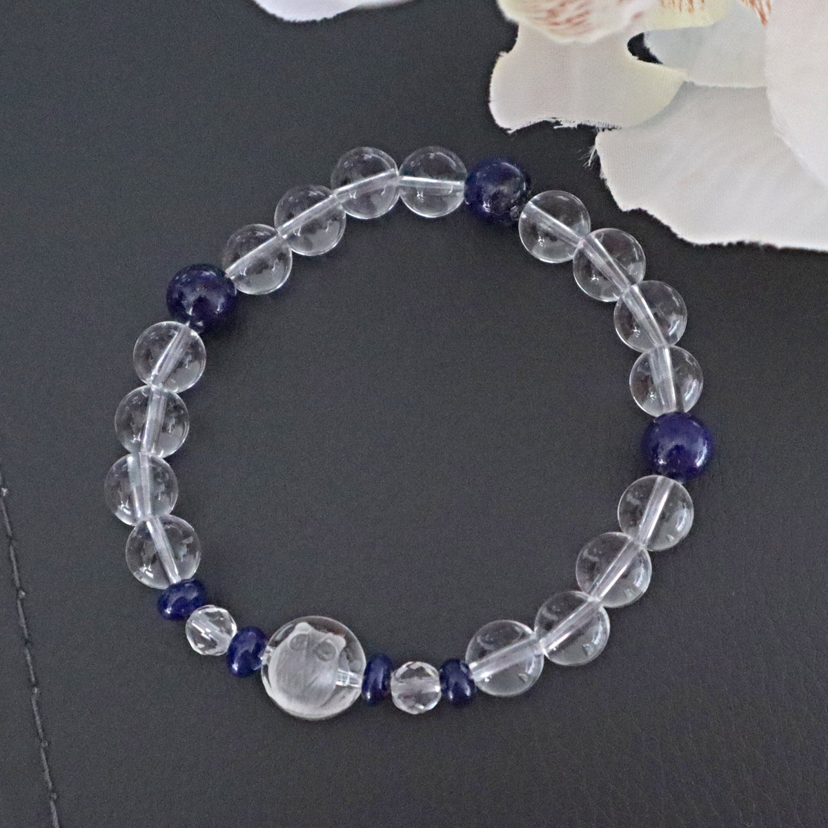 Owl Bracelet Hand Carved Clear Quartz with Lapis