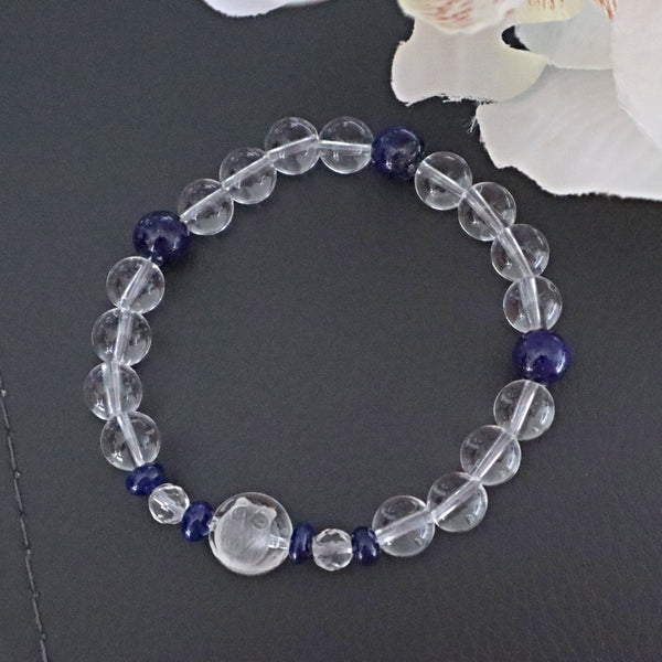 Owl Bracelet Hand Carved Clear Quartz with Lapis