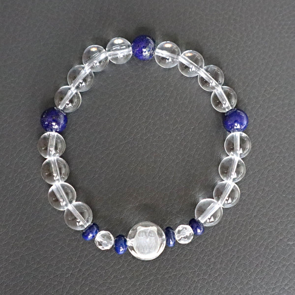 Owl Bracelet Hand Carved Clear Quartz with Lapis