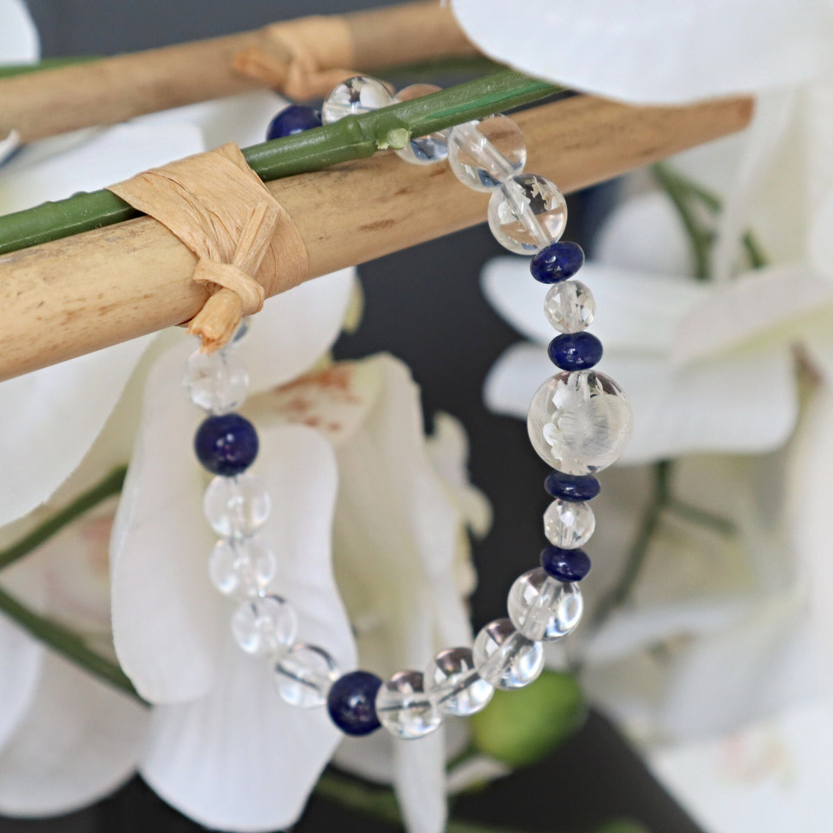 Owl Bracelet Hand Carved Clear Quartz with Lapis