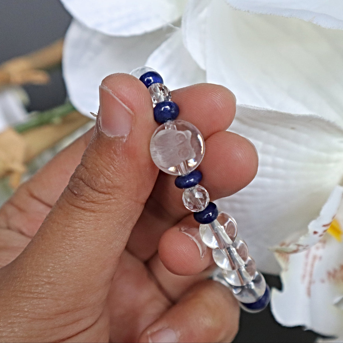 Owl Bracelet Hand Carved Clear Quartz with Lapis