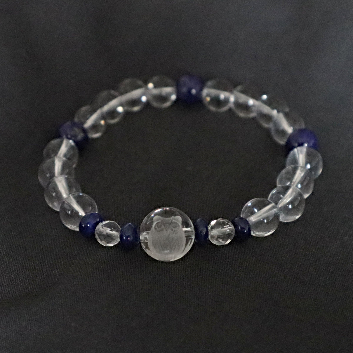 Owl Bracelet Hand Carved Clear Quartz with Lapis