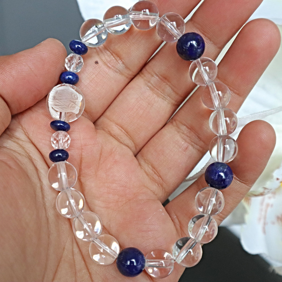 Owl Bracelet Hand Carved Clear Quartz with Lapis