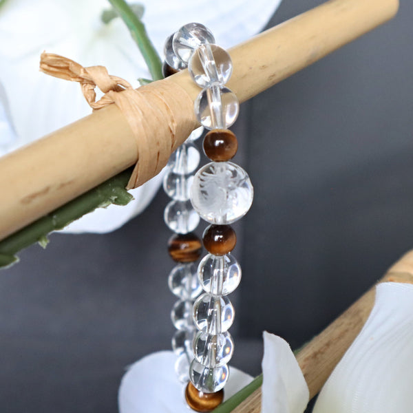 Dragon Bracelet Hand Carved Clear Quartz with Tiger Eye, Birth Year of the Dragon Gift