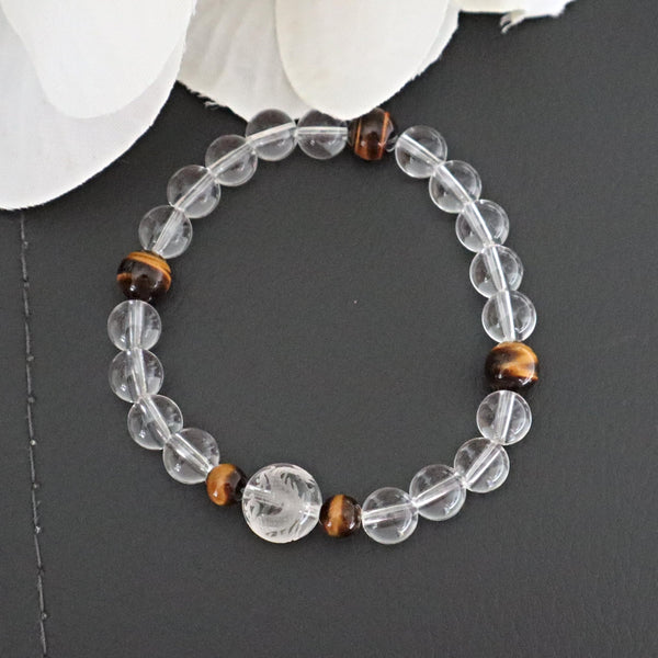 Dragon Bracelet Hand Carved Clear Quartz with Tiger Eye, Birth Year of the Dragon Gift