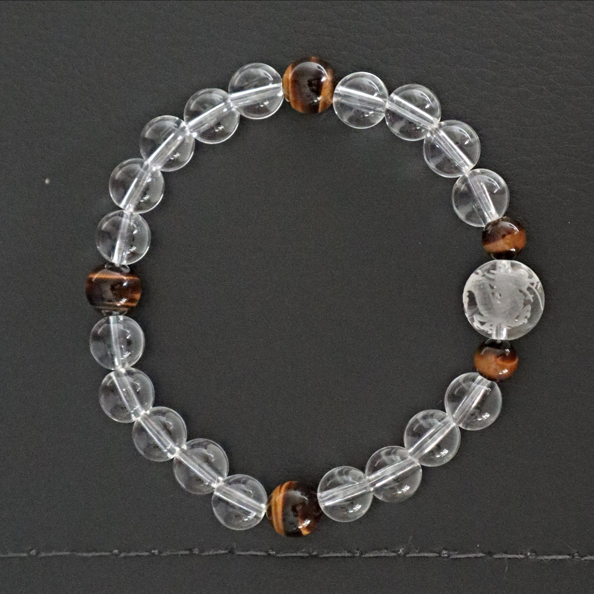 Dragon Bracelet Hand Carved Clear Quartz with Tiger Eye, Birth Year of the Dragon Gift