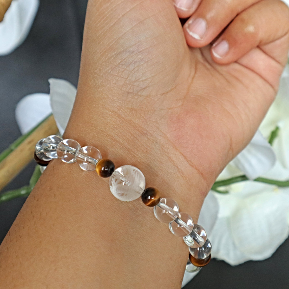 Dragon Bracelet Hand Carved Clear Quartz with Tiger Eye, Birth Year of the Dragon Gift