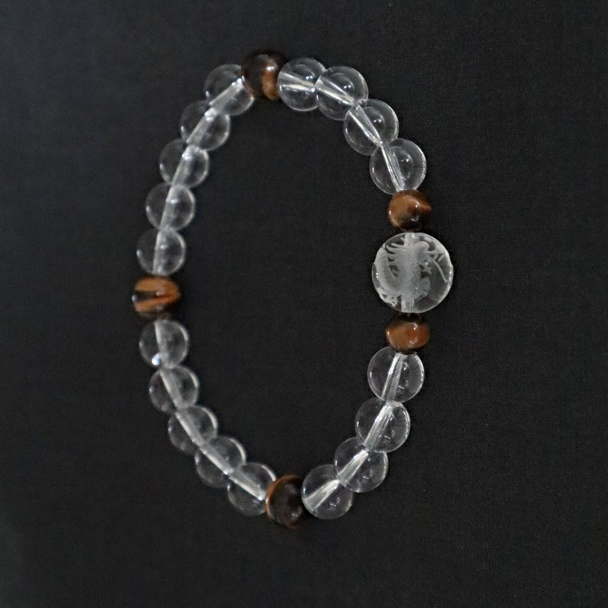 Dragon Bracelet Hand Carved Clear Quartz with Tiger Eye, Birth Year of the Dragon Gift