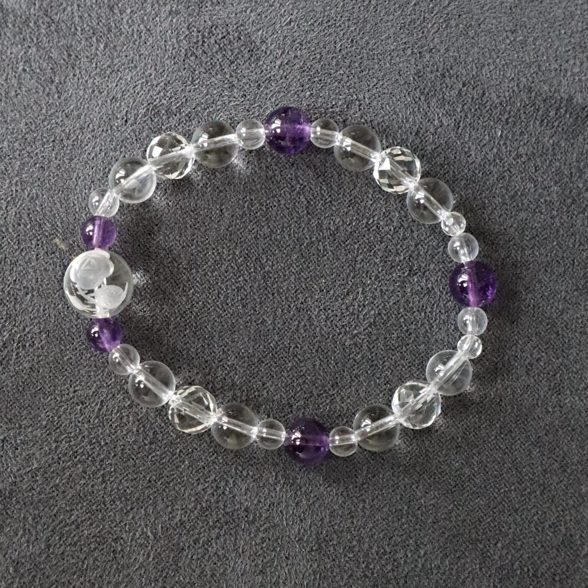 Rose Bracelet Hand Carved Flower in Clear Quartz with Amethyst