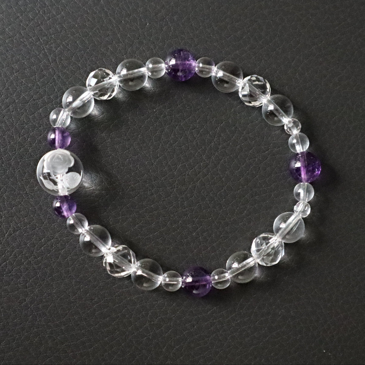 Rose Bracelet Hand Carved Flower in Clear Quartz with Amethyst
