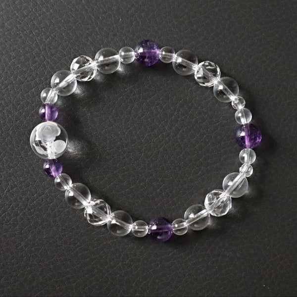 Rose Bracelet Hand Carved Flower in Clear Quartz with Amethyst