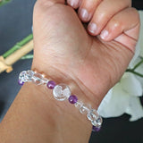 Rose Bracelet Hand Carved Flower in Clear Quartz with Amethyst