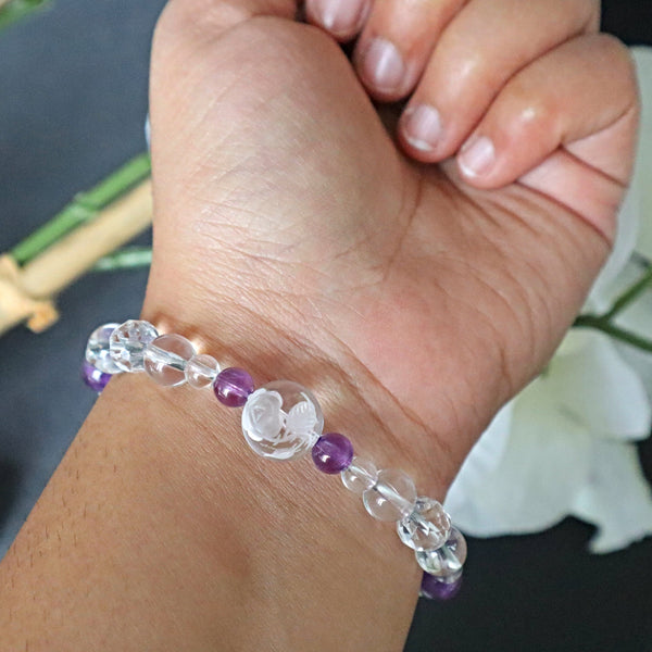 Rose Bracelet Hand Carved Flower in Clear Quartz with Amethyst