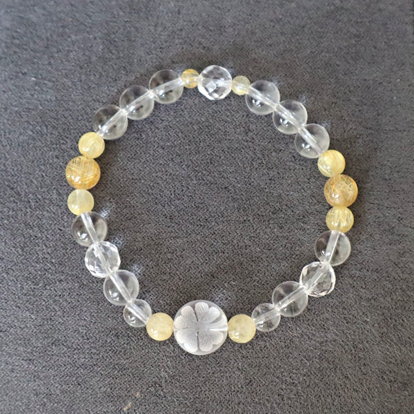 Four Leaf Clover Bracelet Hand carved Clear Quartz and Rutilated Quartz