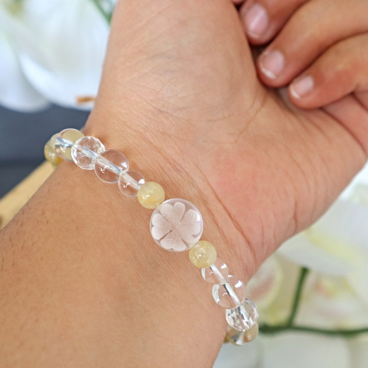 Four Leaf Clover Bracelet Hand carved Clear Quartz and Rutilated Quartz