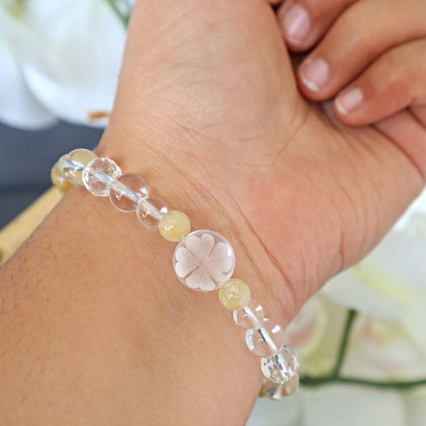 Four Leaf Clover Bracelet Hand carved Clear Quartz and Rutilated Quartz