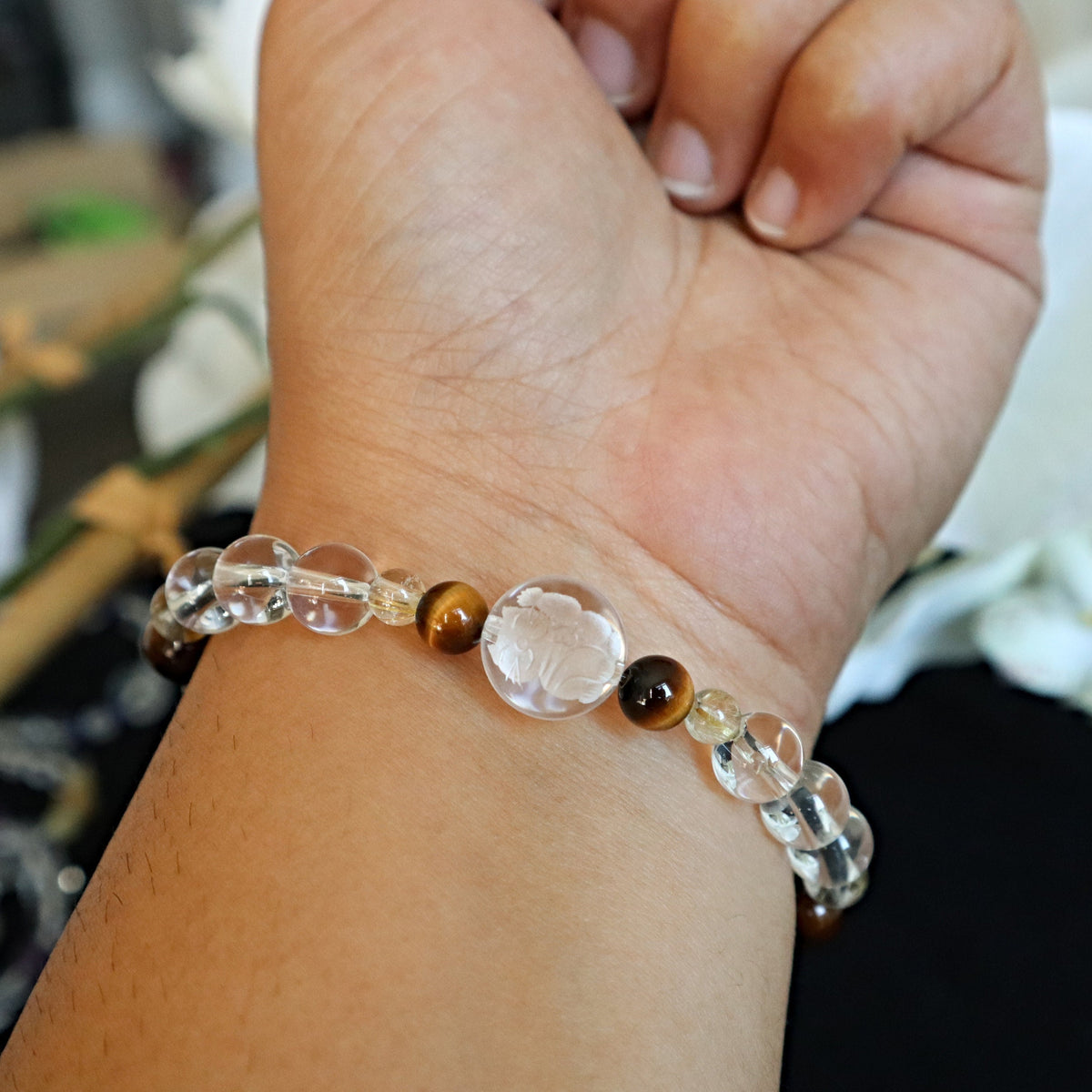 Lucky Cat Bracelet in Clear Quartz Hand Carved with Tiger Eye