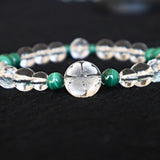 Clover Bracelet Hand Carved Clear Quartz & Malachite
