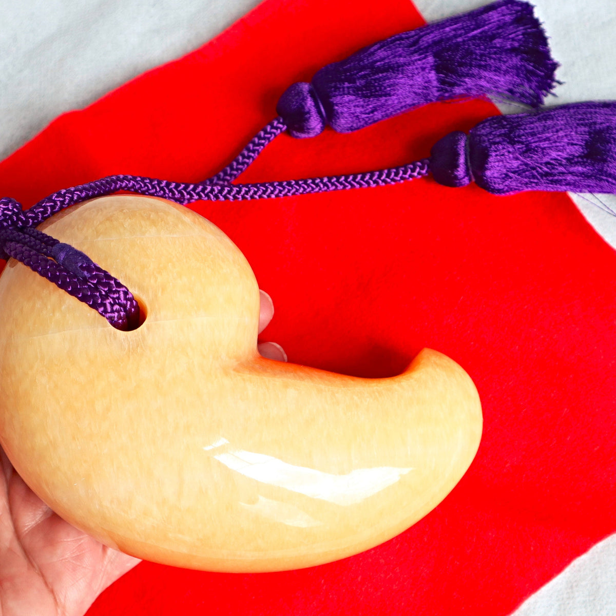 Extra Large Magatama Orange Calcite, Tokonoma Display Accessory, Japanese Magatama Lucky Decorative Omamori Tassel