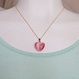Pink Cats Eye Heart Pendant Necklace gold plated sterling silver