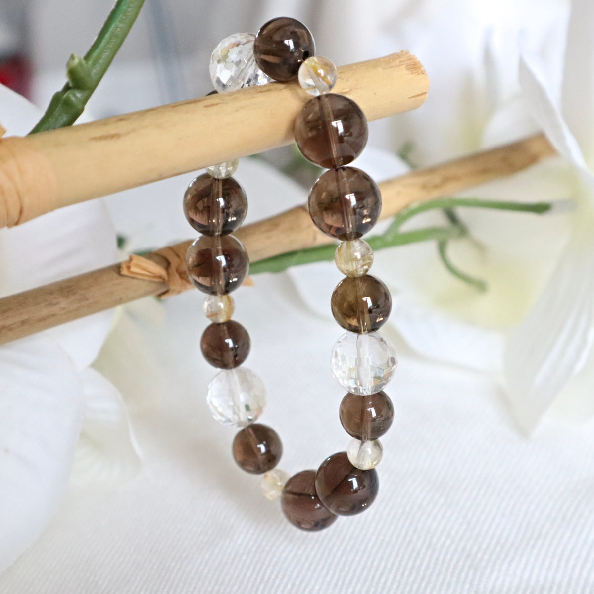 Smoky Quartz Bracelet with Micro-Faceted Clear Quartz Crystal in Super High Grade