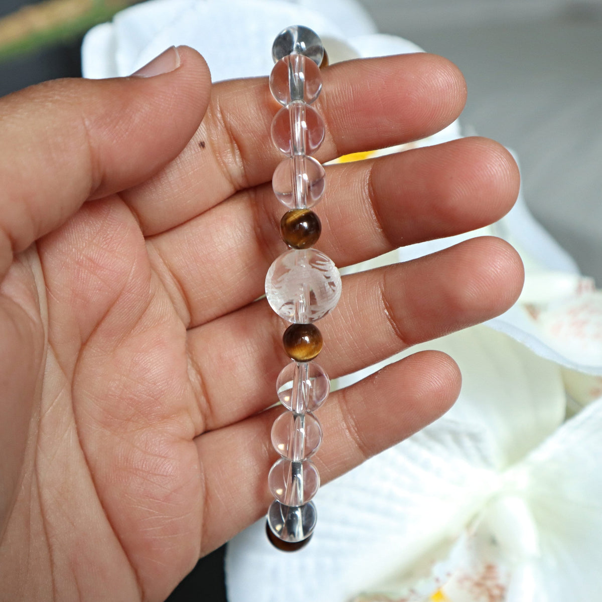 Dragon Bracelet Hand Carved Clear Quartz with Tiger Eye, Birth Year of the Dragon Gift