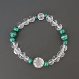Clover Bracelet Hand Carved Clear Quartz & Malachite