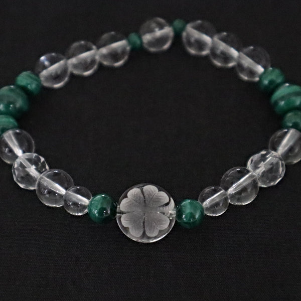 Clover Bracelet Hand Carved Clear Quartz & Malachite
