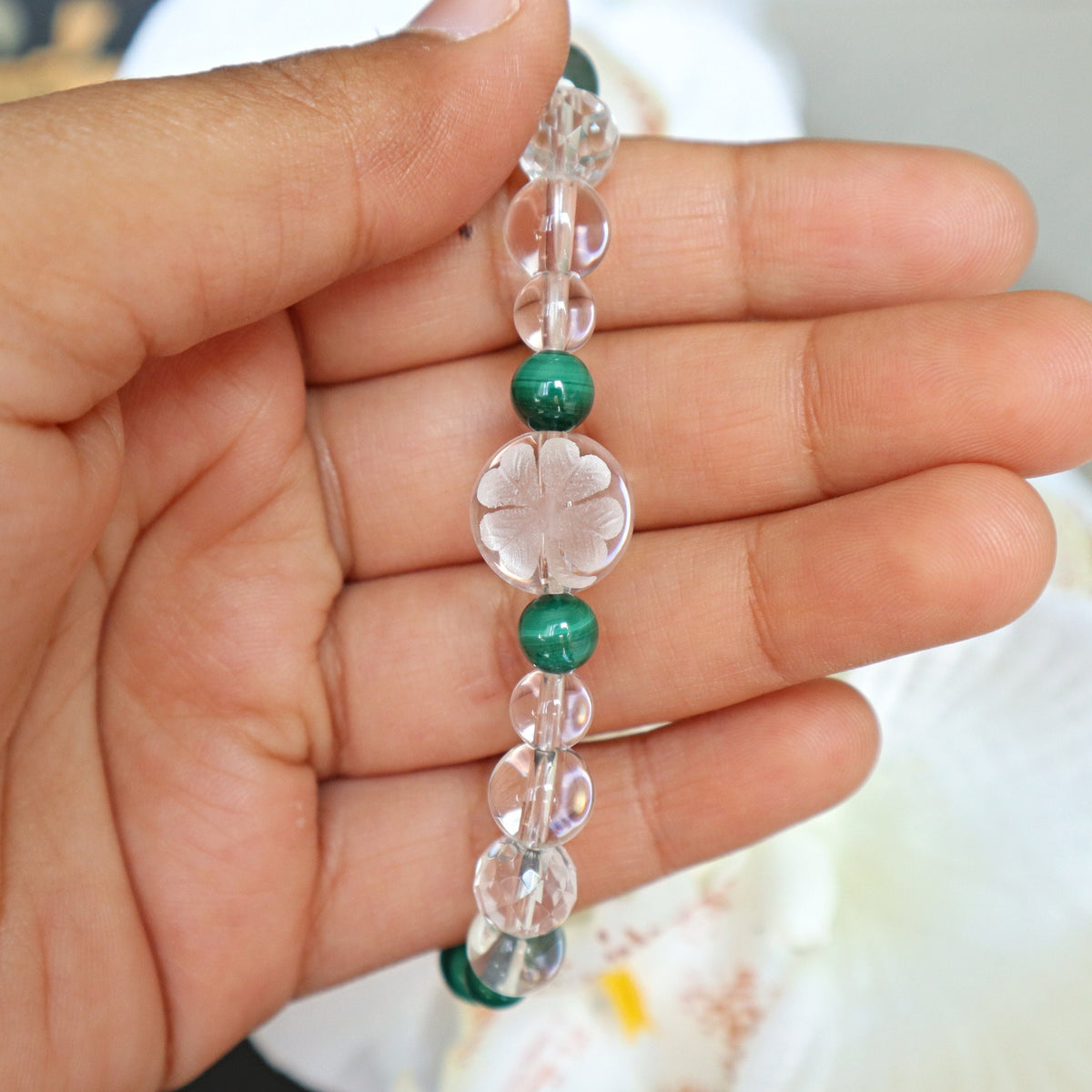 Clover Bracelet Hand Carved Clear Quartz & Malachite