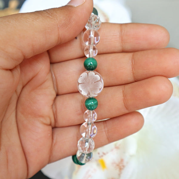 Clover Bracelet Hand Carved Clear Quartz & Malachite