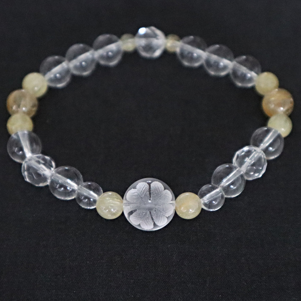 Four Leaf Clover Bracelet Hand carved Clear Quartz and Rutilated Quartz