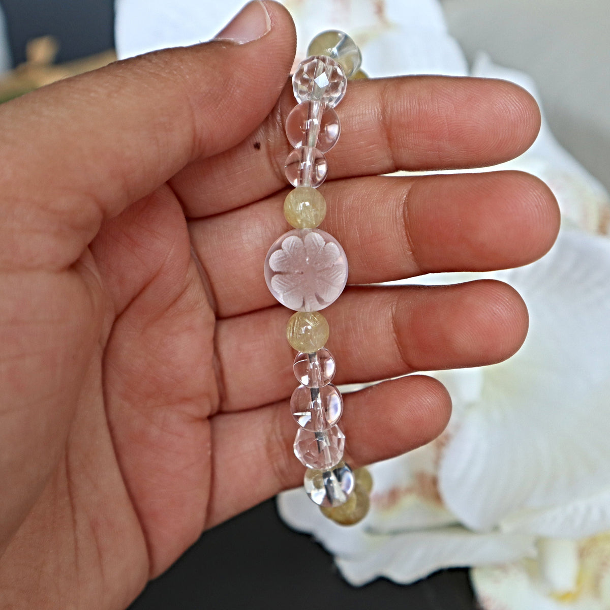 Four Leaf Clover Bracelet Hand carved Clear Quartz and Rutilated Quartz