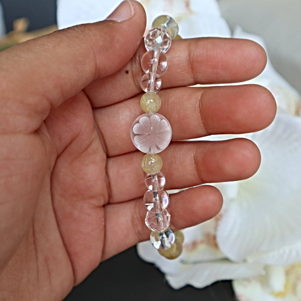Four Leaf Clover Bracelet Hand carved Clear Quartz and Rutilated Quartz