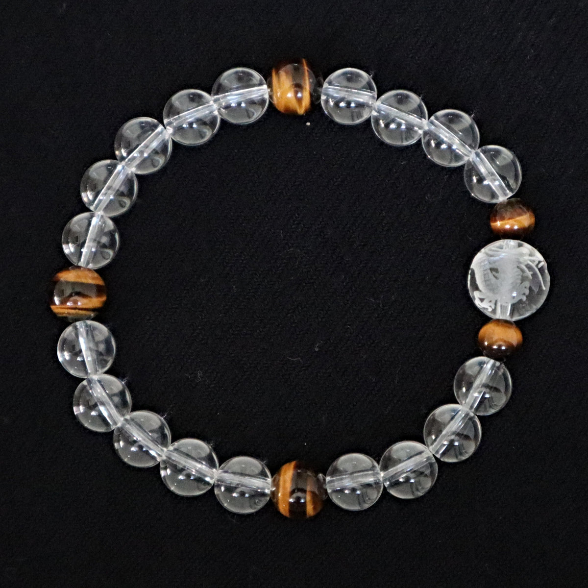 Dragon Bracelet Hand Carved Clear Quartz with Tiger Eye, Birth Year of the Dragon Gift
