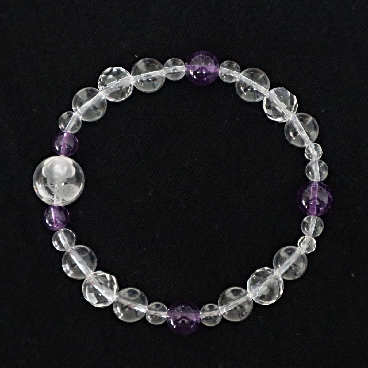 Rose Bracelet Hand Carved Flower in Clear Quartz with Amethyst