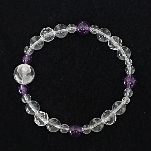 Rose Bracelet Hand Carved Flower in Clear Quartz with Amethyst