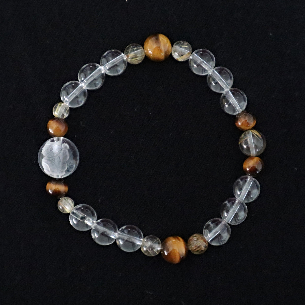 Lucky Cat Bracelet in Clear Quartz Hand Carved with Tiger Eye