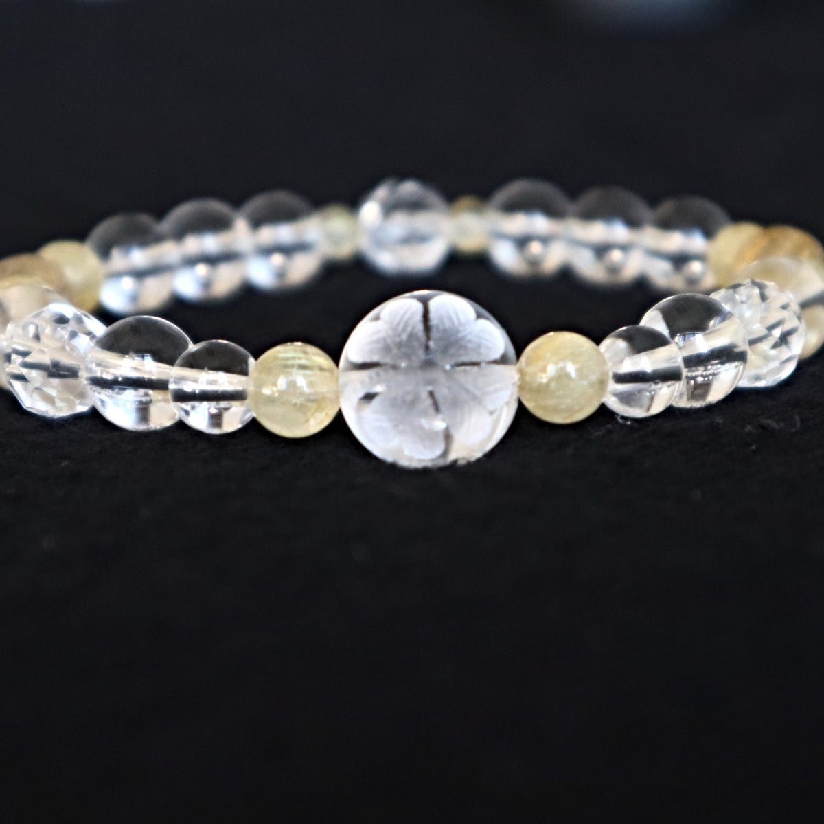 Four Leaf Clover Bracelet Hand carved Clear Quartz and Rutilated Quartz