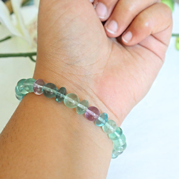 Green and purple fluorite rondelle bead bracelet