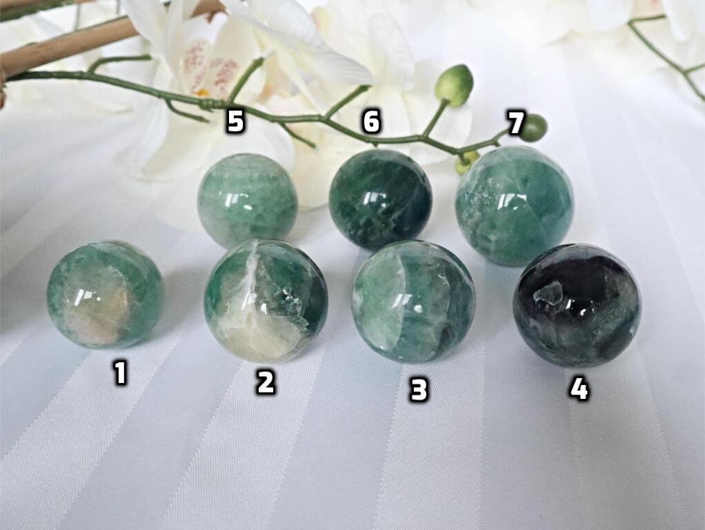 Snowflake Feather Green Fluorite Sphere: Silky Reiki Healing Crystal