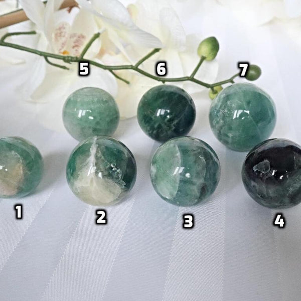 Snowflake Feather Green Fluorite Sphere: Silky Reiki Healing Crystal