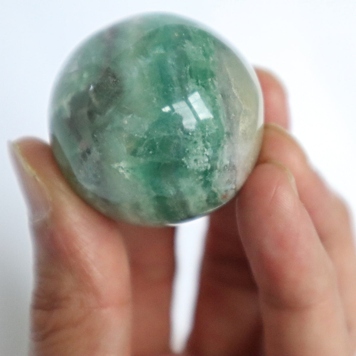 Snowflake Feather Green Fluorite Sphere: Silky Reiki Healing Crystal