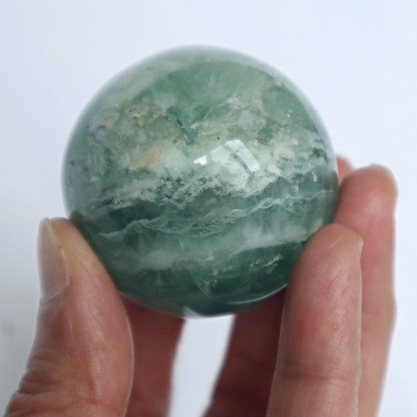 Snowflake Feather Green Fluorite Sphere: Silky Reiki Healing Crystal
