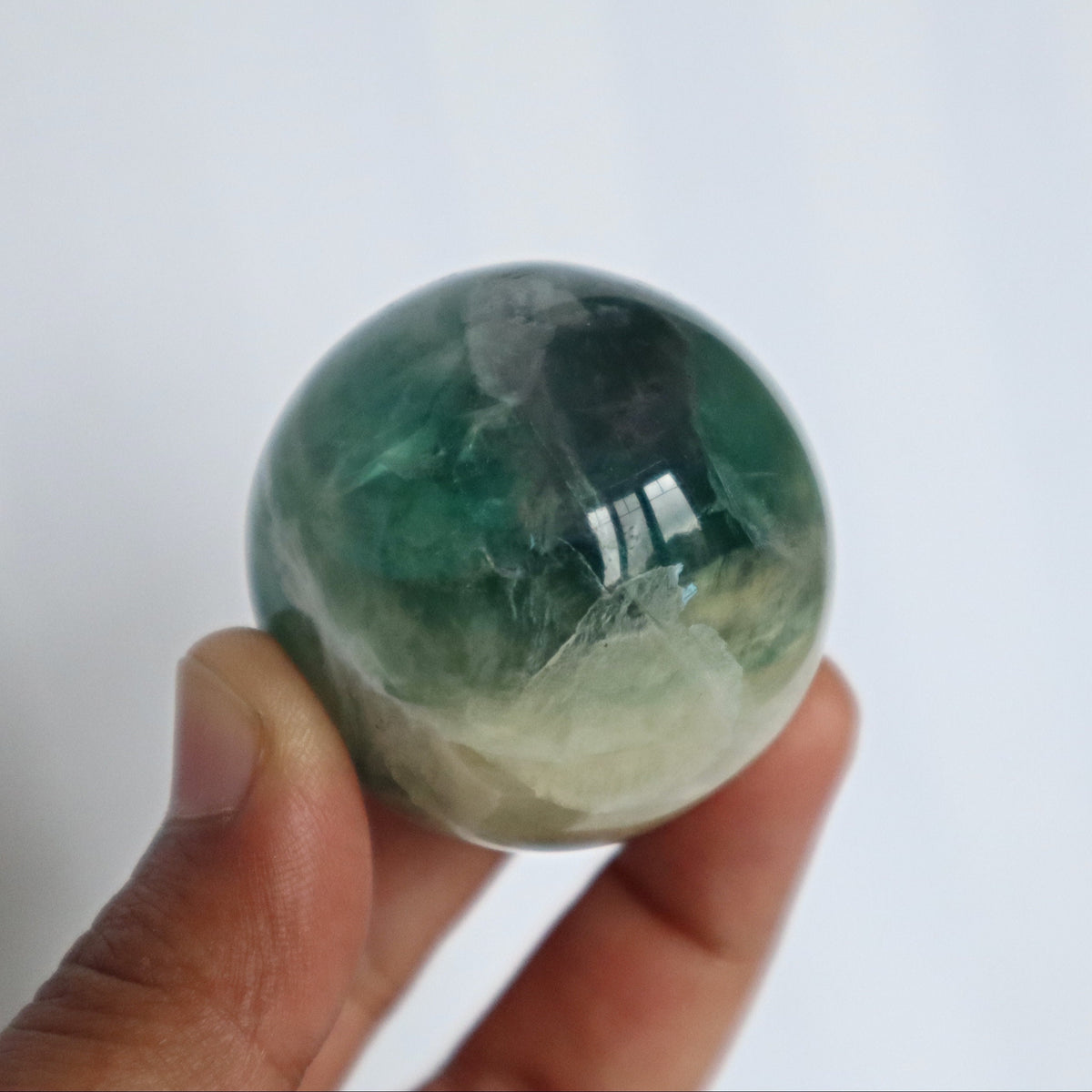 Snowflake Feather Green Fluorite Sphere: Silky Reiki Healing Crystal