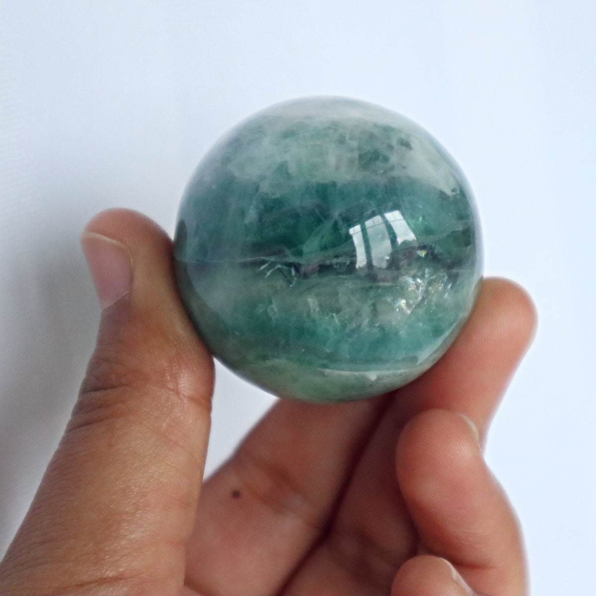 Snowflake Feather Green Fluorite Sphere: Silky Reiki Healing Crystal