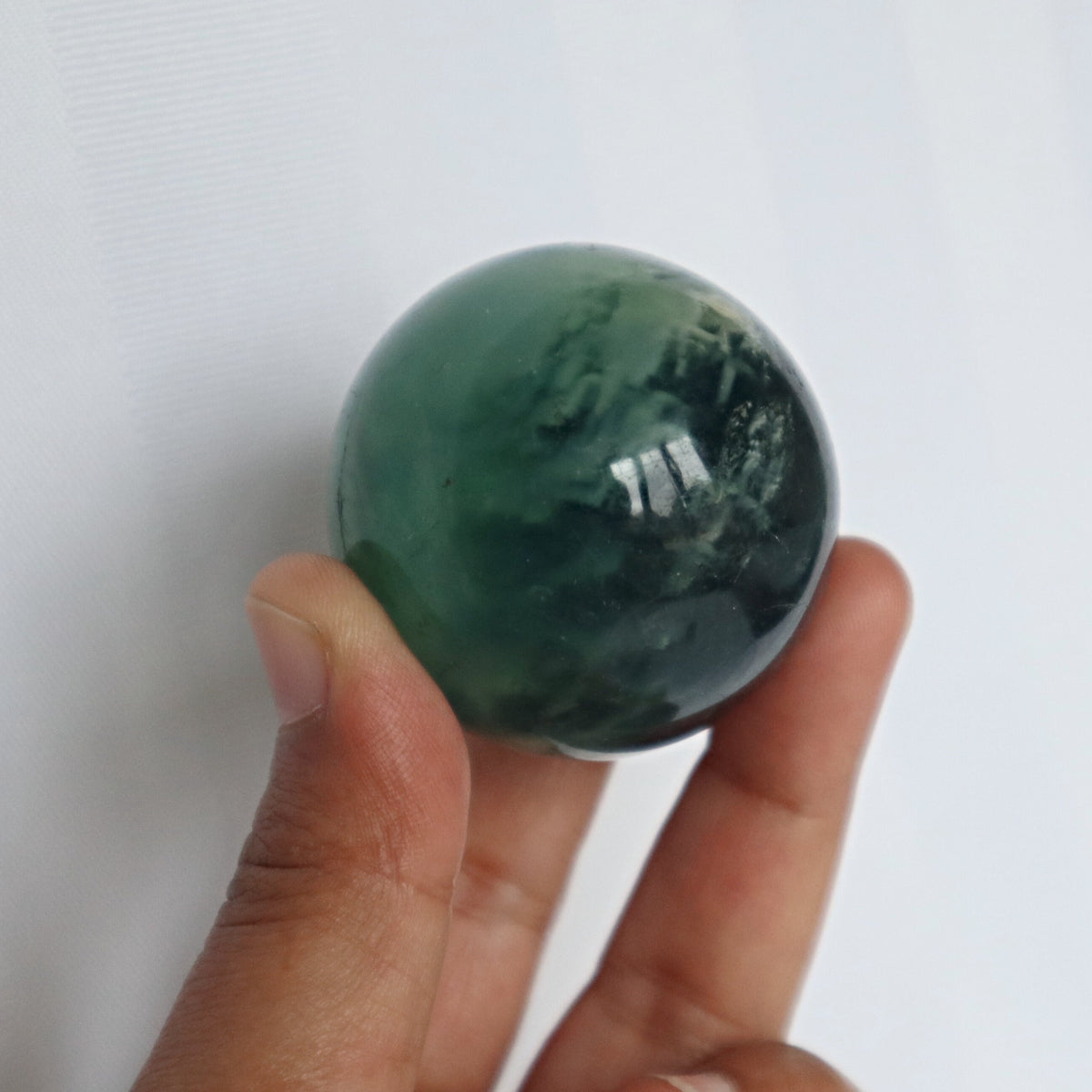 Snowflake Feather Green Fluorite Sphere: Silky Reiki Healing Crystal